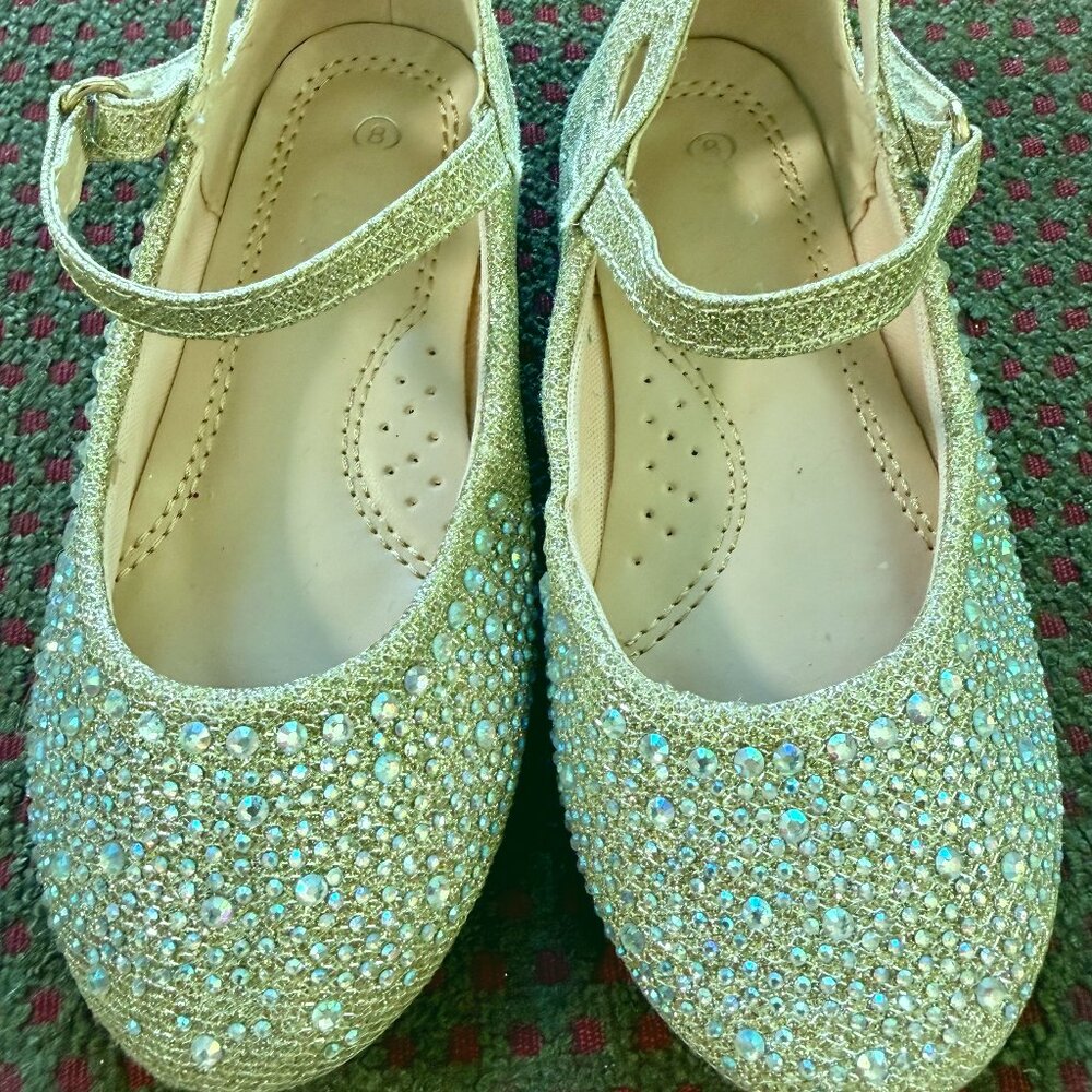 Link Comfort Toddler Girls Size 8 Gold Gemstone Mary Jane Flats Dress Shoes - Picture 4 of 7